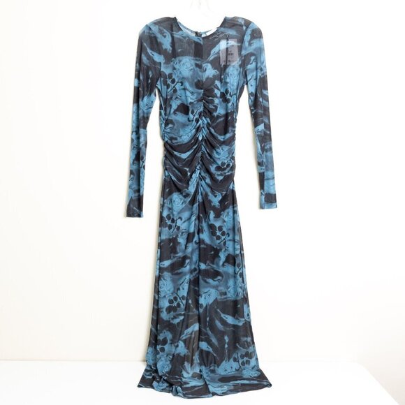 GANNI Blue Printed Mesh O-neck Ruched Long Dress Floral Size 36 - Picture 4 of 14